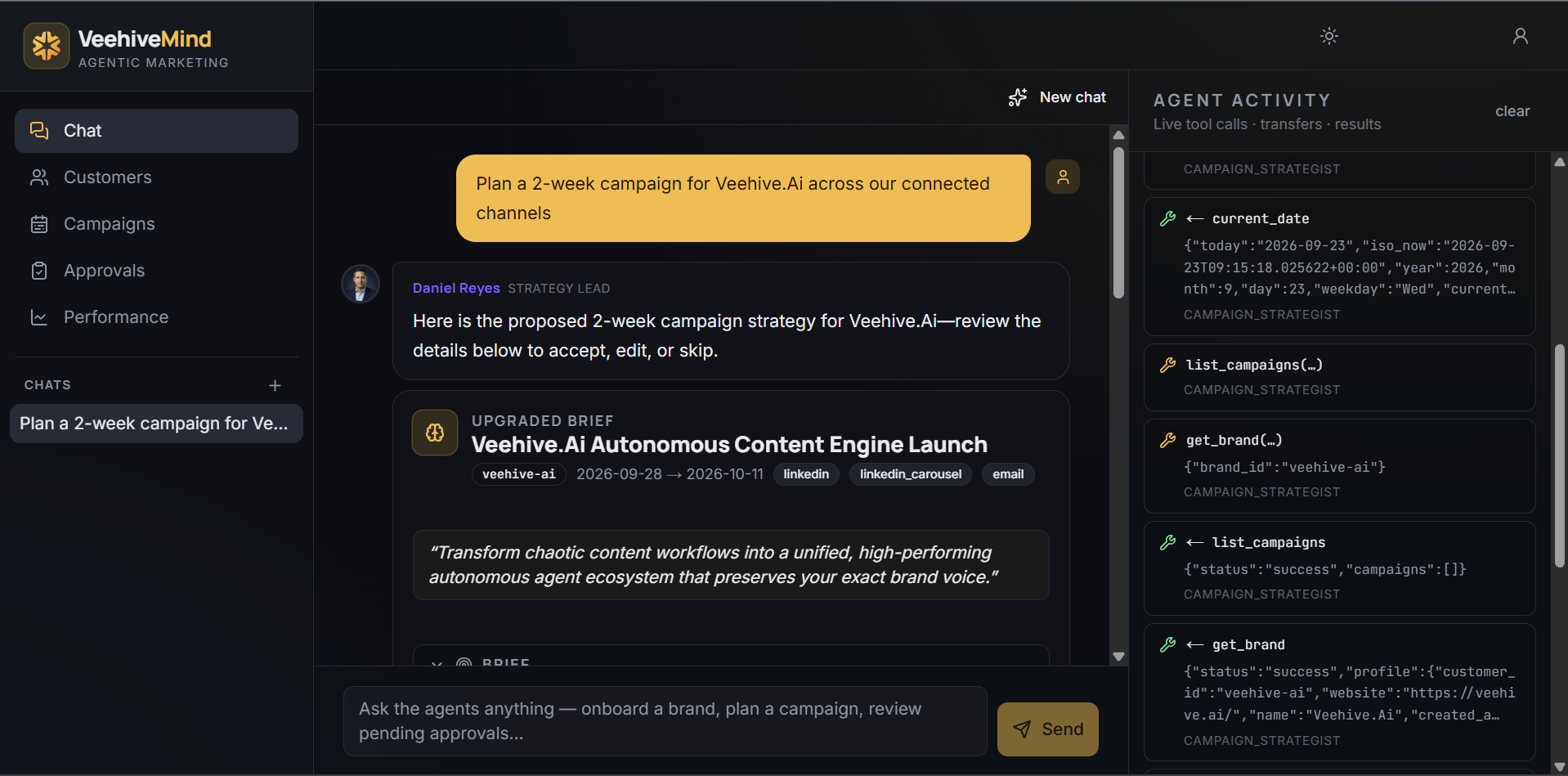 Veehive Mind chat planning a two-week campaign, with the live Agent Activity panel showing tool calls
