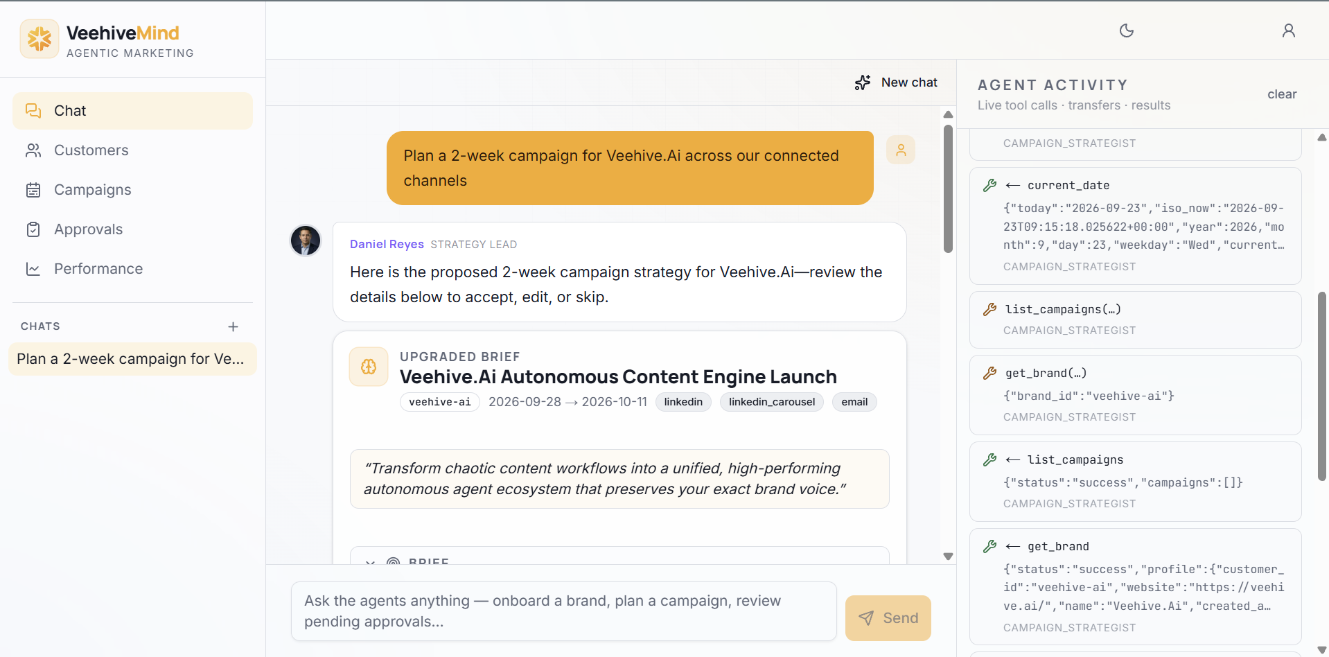 Veehive Mind chat planning a two-week campaign, with the live Agent Activity panel showing tool calls