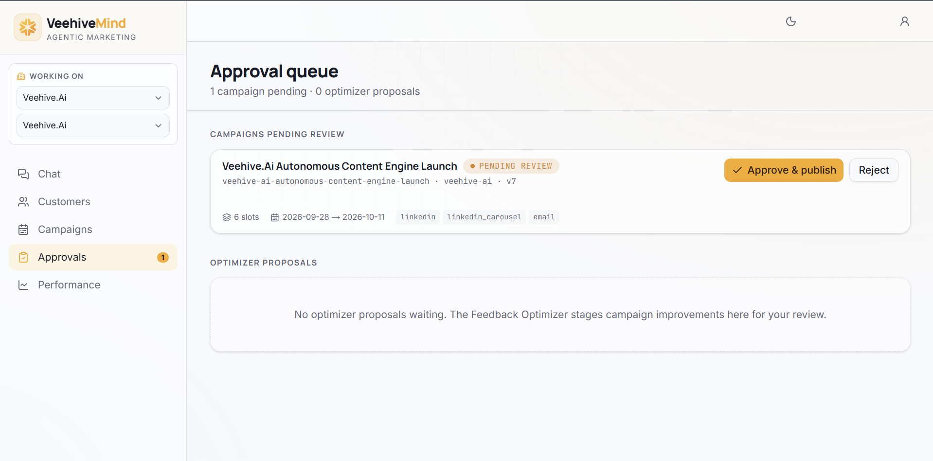 Veehive Mind approval queue with a campaign pending review and approve and publish controls
